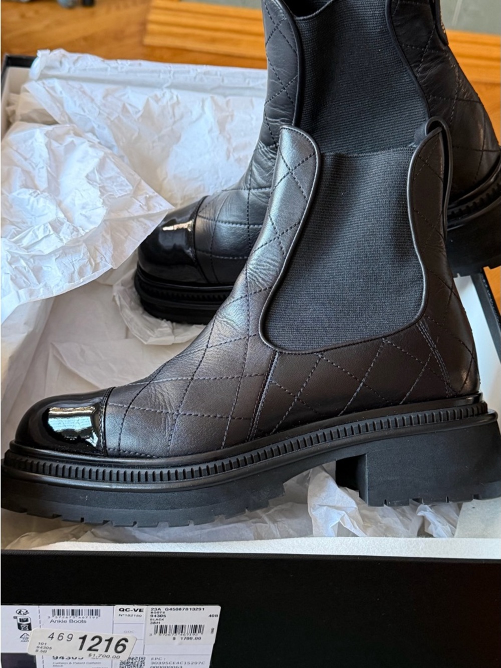 CHANEL Black Quilted Chelsea Ankle Boots with Gloss Cap Toe